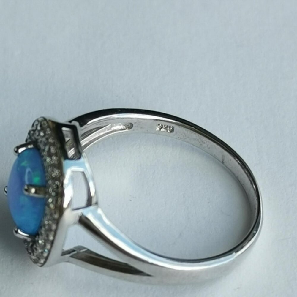Blue opal CZ pave Halo Sterling silver ring size 8 🆕 - Picture 6 of 9